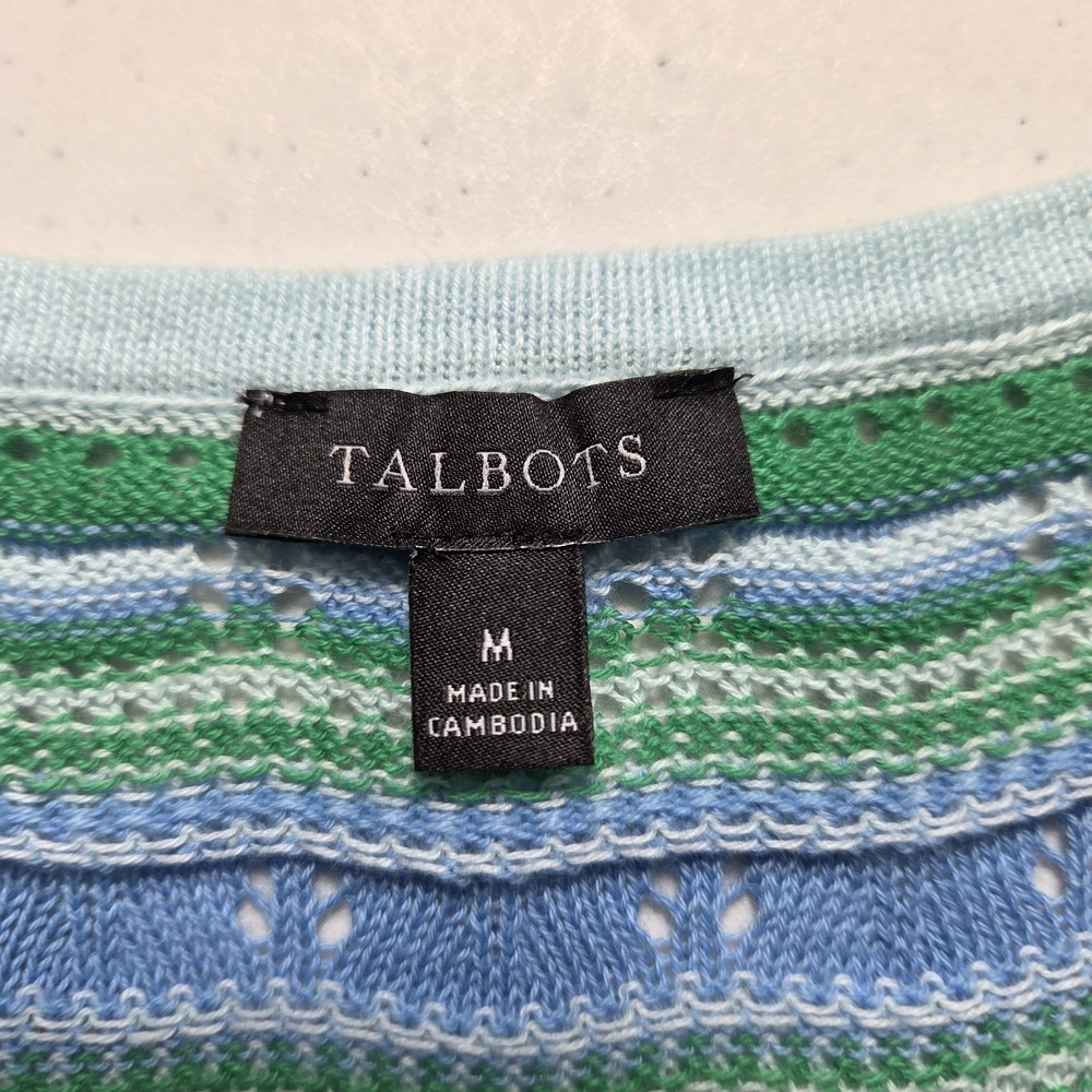 Talbots Casual Green Blue Stripe Crochet Short Sleeve Lightweight Sweater Medium - Picture 7 of 8